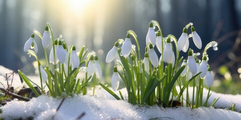 delightful paradox of spring unfolds as snowdrop flowers bravely emerge from under a blanket of snow. The contrast between the delicate blooms and the snowy surroundings creates a visually enchanting  - obrazy, fototapety, plakaty