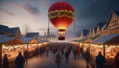 A hot air balloon floating over a picture Christmas market ai generative - Powered by Adobe