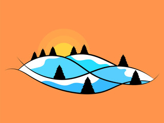Winter landscape with snowy hills and fir trees. Landscape in line art style. Mountain sunrise in a minimalist style. View of the snowy hills. Design for poster and banner. Vector illustration