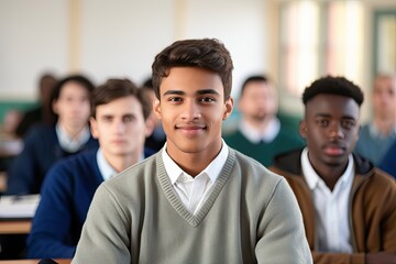 Obraz premium Cheerful group of diverse students engaged in learning activities in the classroom.