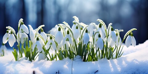 delightful paradox of spring unfolds as snowdrop flowers bravely emerge from under a blanket of snow. The contrast between the delicate blooms and the snowy surroundings creates a visually enchanting 