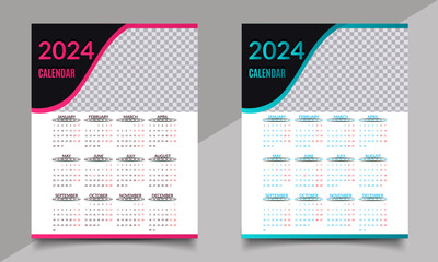 Calendar. One-page New Year calendar design. 2024 calendar design.