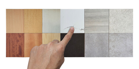 interior designer selects sample of materials construction isolated on background. materials for...