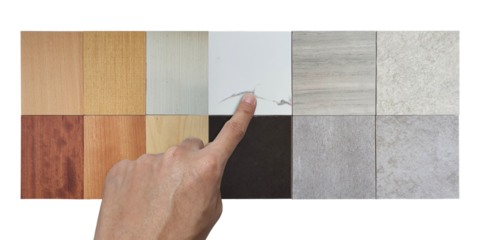 interior designer selects sample of materials construction isolated on background. materials for interior design. construction decorate luxury set contains stone tiles and wood laminate veneers. 