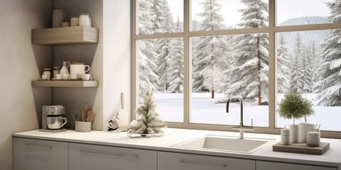 cozy kitchen adorned with a large window that frames a picturesque winter forest scene. The Scandinavian ambiance embraces warmth and simplicity