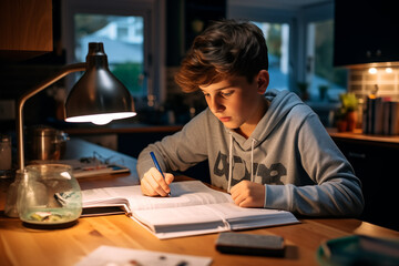 Fototapeta na wymiar A teenager doing homework at home alone
