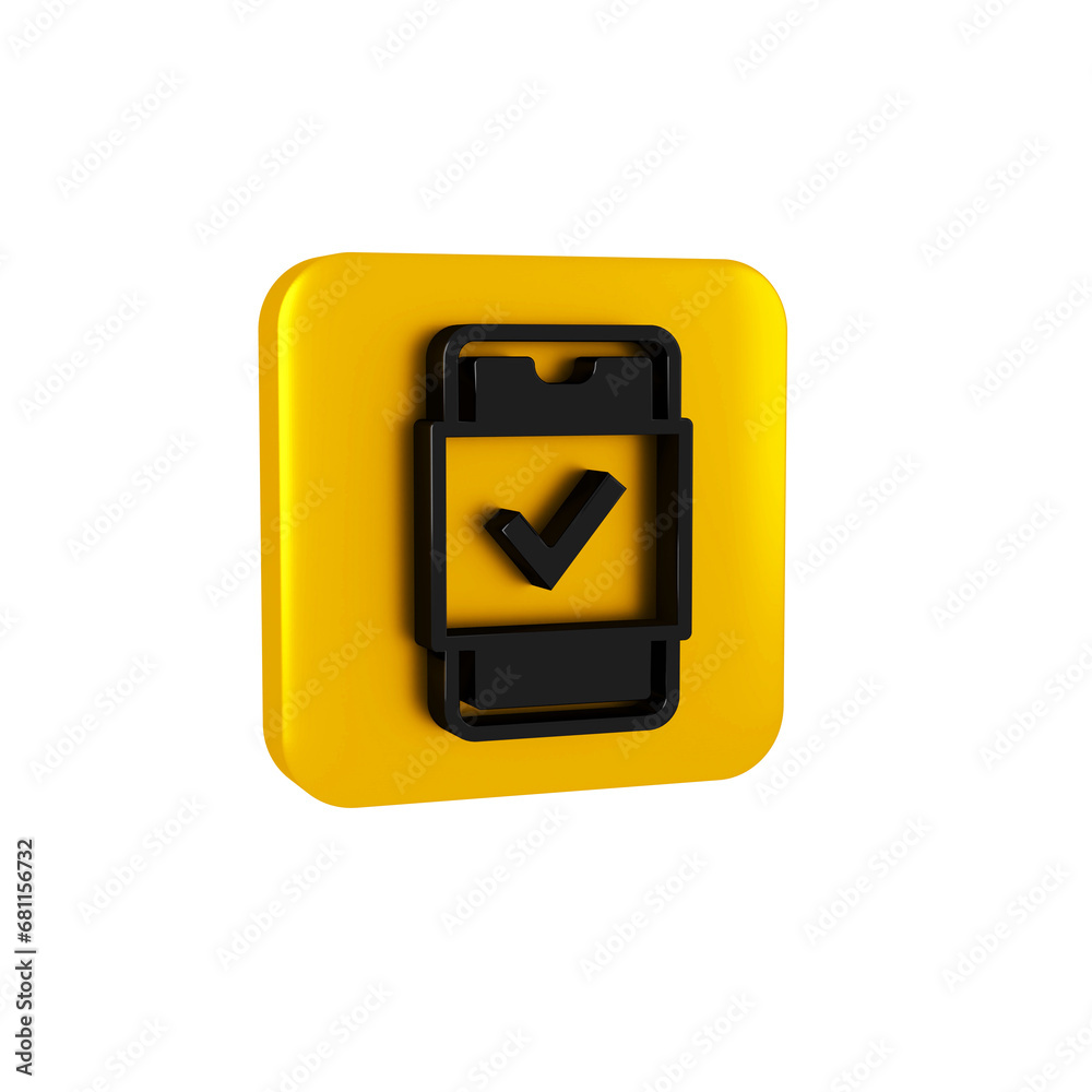 Canvas Prints Black Mobile phone shopping icon isolated on transparent background. Online buying symbol. Supermarket basket symbol. Yellow square button.