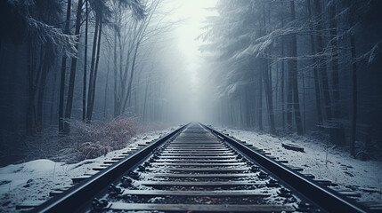 Fototapeta premium railroad tracks through a foggy winter snowy forest. ai generative