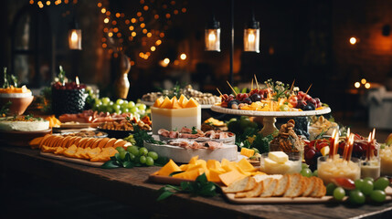 banquet table with various appetizers and appetizers at a corporate Christmas birthday party. ai generative