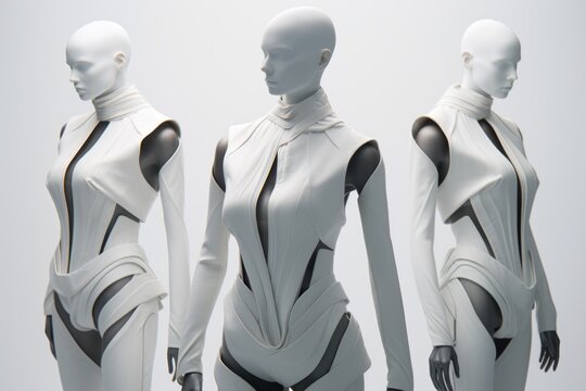 Design an image of a futuristic fashion concept, where clothing integrates advanced technology seamlessly