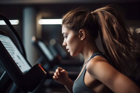 Portrait of a young woman training on a treadmill