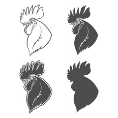 Set of black and white illustrations with head rooster or cock. Isolated vector objects on white background.