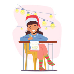 Young Child Sits At Table, Earnestly Writing A Heartfelt Letter To Santa Claus, Dreams And Wishes Filling The Page