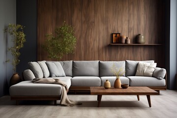 A gray corner sofa is placed near a beautiful wall featuring wooden grain cut wallpaper, defining the interior design of a modern minimalist living room