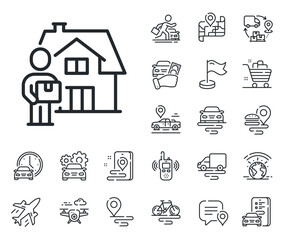Courier with package sign. Plane, supply chain and place location outline icons. Delivery man line icon. Things deliver symbol. Delivery man line sign. Taxi transport, rent a bike icon. Vector