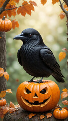 Fototapeta premium Halloween Pumpkin and crow. Jack o Lantern. crow sitting on halloween pumpkin. Design elements