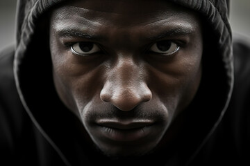 Close-up portrait of an African American confident man in a black hood looking at camera