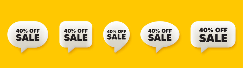 Sale 40 percent off discount. 3d chat speech bubbles set. Promotion price offer sign. Retail badge symbol. Sale talk speech message. Talk box infographics. Vector