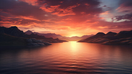 a colorful sunset over a lake surrounded by rolling hills and mountains