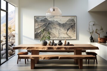 A live-edge dining table and a rustic wooden bench are featured in the interior design of a modern dining room with a large art poster frame