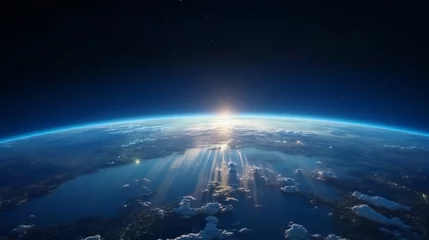 Fotobehang Panoramic view on planet Earth globe from space. Glowing city lights, light clouds, atmosphere layers International Space Station orbit, open dark space © bedaniel