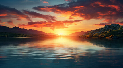 Fototapeta na wymiar a colorful sunset over a lake surrounded by rolling hills and mountains