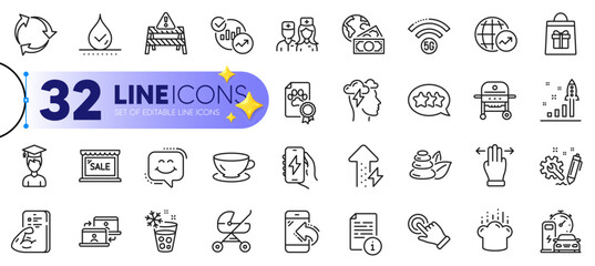 Outline set of Engineering, Smile chat and Waterproof line icons for web with Cooking hat, Touchscreen gesture, Multitasking gesture thin icon. Dog certificate, Student. Vector
