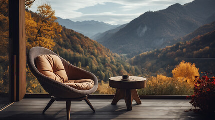 Empty chair in a wooden modern terrace of a cottage in mountain village, face to beautiful mountain landscape view. Poster, Banner with copy space.. Vacation and tourism concept. Caucasian mountains