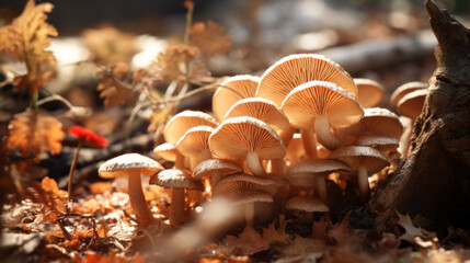 a cluster of wild mushrooms growing on the ground - obrazy, fototapety, plakaty