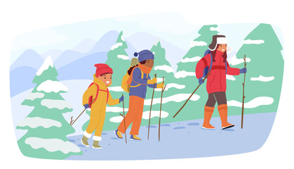 Children Characters Bundled In Warm Clothes Explore A Snowy Forest, Their Rosy Cheeks And Bright Eyes Filled With Wonder