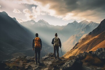 Portrayal of friends hiking in the mountains, conquering challenges and enjoying breathtaking views