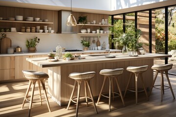 A modern Scandinavian-style interior design for a kitchen includes an island with stools