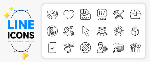 No puzzle, Search and Diesel line icons set for app include Change money, Card, Package box outline thin icon. Cursor, Checked file, Hammer tool pictogram icon. Support, Yoga, Currency rate. Vector