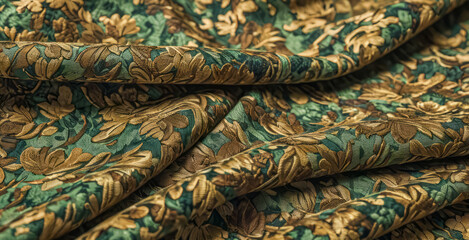 A close-up of a piece of cloth adorned with a vibrant printed pattern featuring flowers and foliage in shades of green and gold.