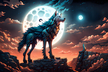 lone wolf under the full moon.
Generative Al - obrazy, fototapety, plakaty