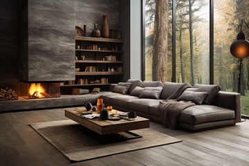 A modular corner sofa dominates a spacious room, exemplifying minimalist home interior design in a modern living room