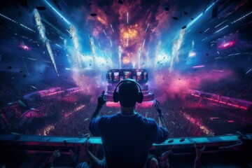 Electric atmosphere of a gaming arena, with players in intense competition under the spotlight, and fans cheering them on - obrazy, fototapety, plakaty