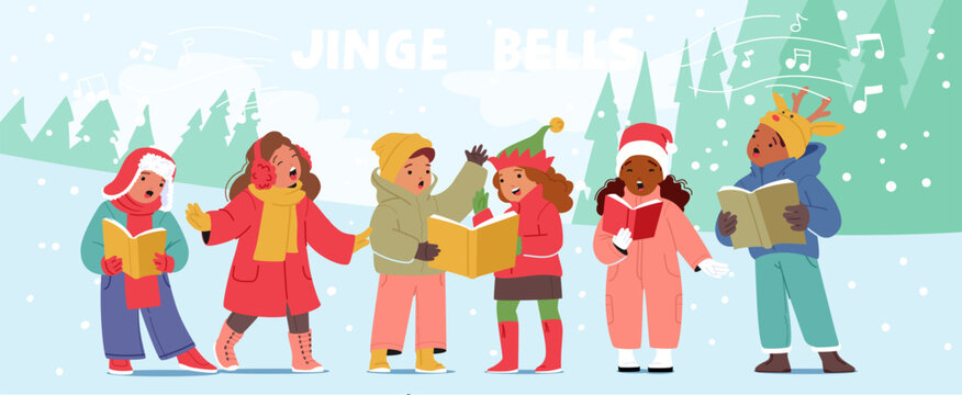 Joyful Children Characters, Bundled In Winter Coats, Sing Christmas Carols With Bright Smiles, Spreading Holiday Cheer