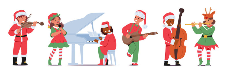 Children In Festive Christmas Costumes Joyfully Play Musical Instruments, Filling The Air With Holiday Cheer