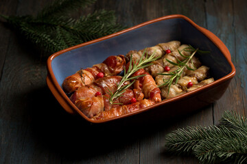 Traditional Christmas dish Sausages wrapped in bacon
