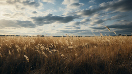 a cloudy sky over a field of tall grasses