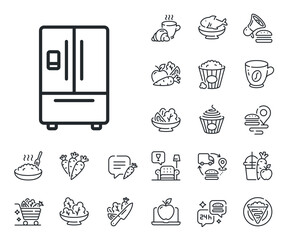 Fridge sign. Crepe, sweet popcorn and salad outline icons. Refrigerator with ice maker line icon. Freezer storage symbol. Refrigerator line sign. Pasta spaghetti, fresh juice icon. Vector