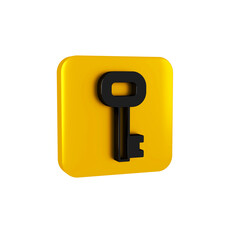 Black Old key icon isolated on transparent background. Yellow square button.