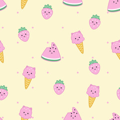 Seamless pattern of cute kawaii style ice cream, watermelon and strawberry.