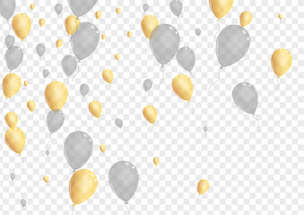 Yellow Air Background Transparent Vector. Toy Ceremony Design. Silver Glossy Balloon. Surprise Abstract Template.