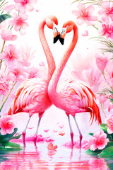 Happy valentine's greeting card, concept of love confession. A  couple of  very cute flamingo deep against a heart, cartoon character on a light pink background. Expression of tender feelings.