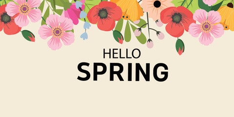 Hello spring. Spring abstract background, banner, poster with spring flowers and leaves. Spring leaves. Modern trendy colorful design. Template for advertising, web, social media. - obrazy, fototapety, plakaty
