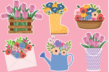Spring set of stickers. Bouquets of flowers in a watering can, basket, envelope, box, boot. Seasonal symbols. Suitable for scrapbooking, greeting card, stickers, flower shop