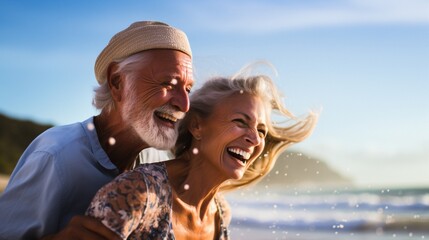 happy senior couple have fun and enjoy outdoor leisure activity at the beach. the man carry the woman on his back to enjoy together a retired lifestyle at the beach, with copy space.