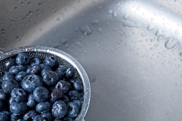 Freshly washed blueberries in a stainless steel colander in a kitchen sink - obrazy, fototapety, plakaty